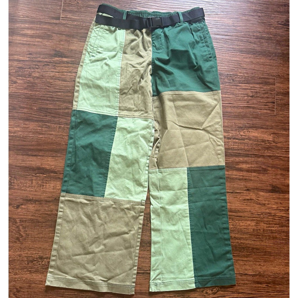 Petals and Peacocks Colorblock Patchwork Belted Skate Pants Green Tan Size Large